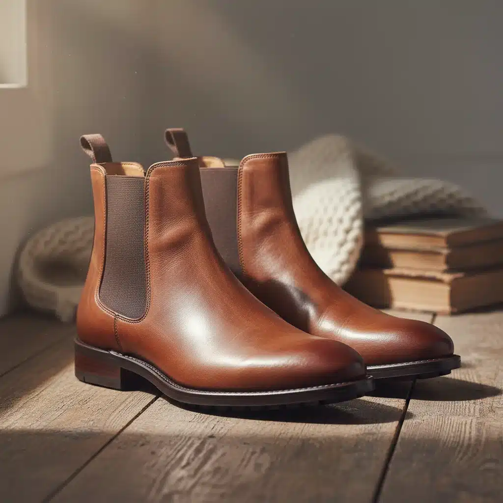 Bottes Chelsea en cuir marron sur un plancher en bois, évoquant robustesse et élégance pour l'automne et l'hiver.