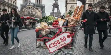 Graphique montrant l'augmentation du coût de la vie en France en 2026, avec des symboles d'euros et de produits de consommation courante.