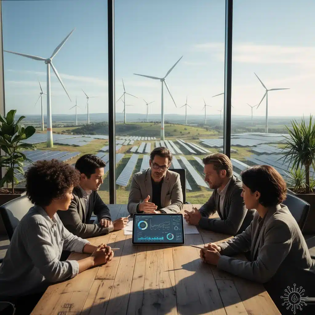Professionnels discutant d'énergies renouvelables, symbolisant les investissements durables et la transition écologique en France.