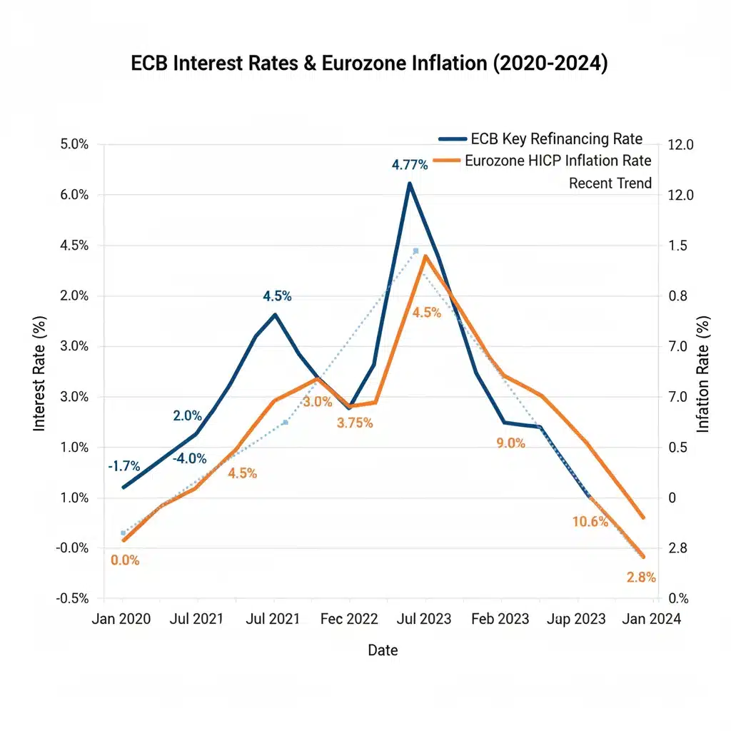 Graphique montrant l'évolution des taux d'intérêt directeurs de la BCE et leur impact sur l'inflation.