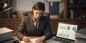 Femme d'affaires analysant des documents de demande d'aides d'État 2026