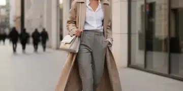 Femme élégante portant des vêtements neutres dans un environnement urbain moderne, illustrant la polyvalence des couleurs intemporelles.