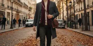 Homme élégant en manteau de laine et pull tricoté marchant dans une rue parisienne en automne 2026, incarnant la mode masculine.