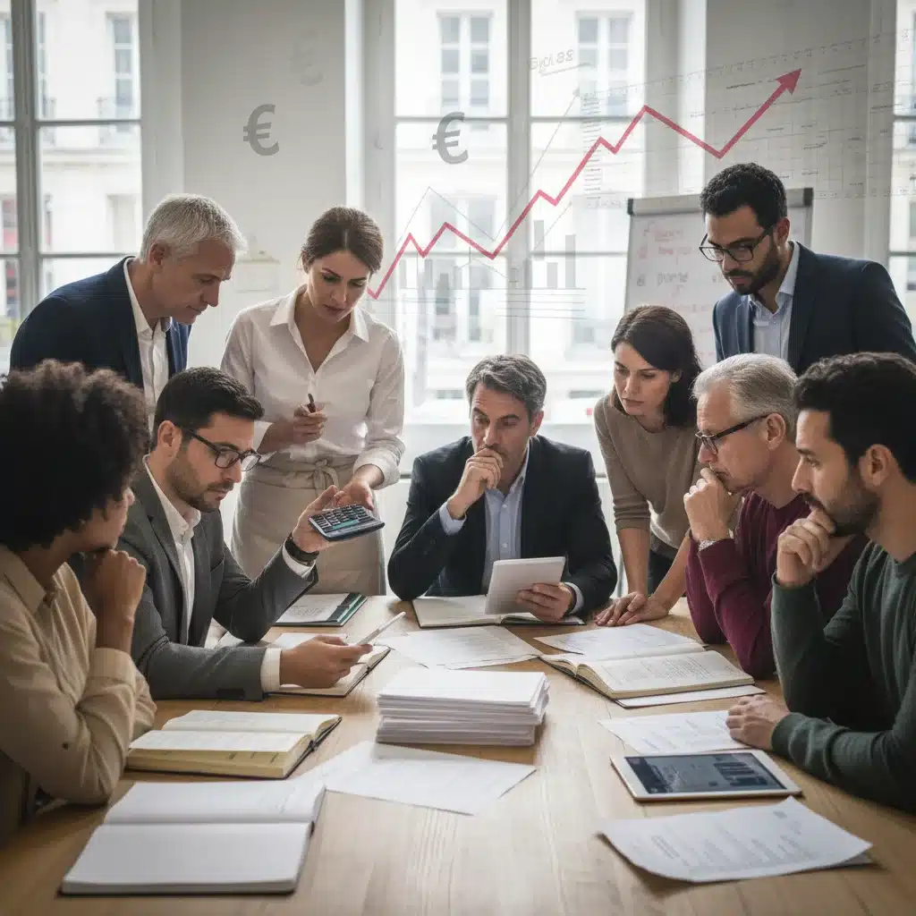 Personnes et propriétaires de petites entreprises françaises examinant des documents financiers, impactés par les taux d'intérêt.