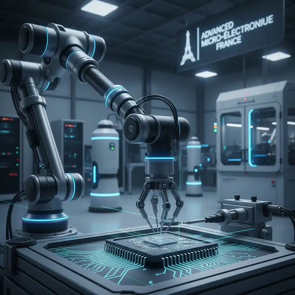 Bras robotique assemblant un microprocesseur, illustrant l'ingénierie de précision et l'industrie 4.0 en France.