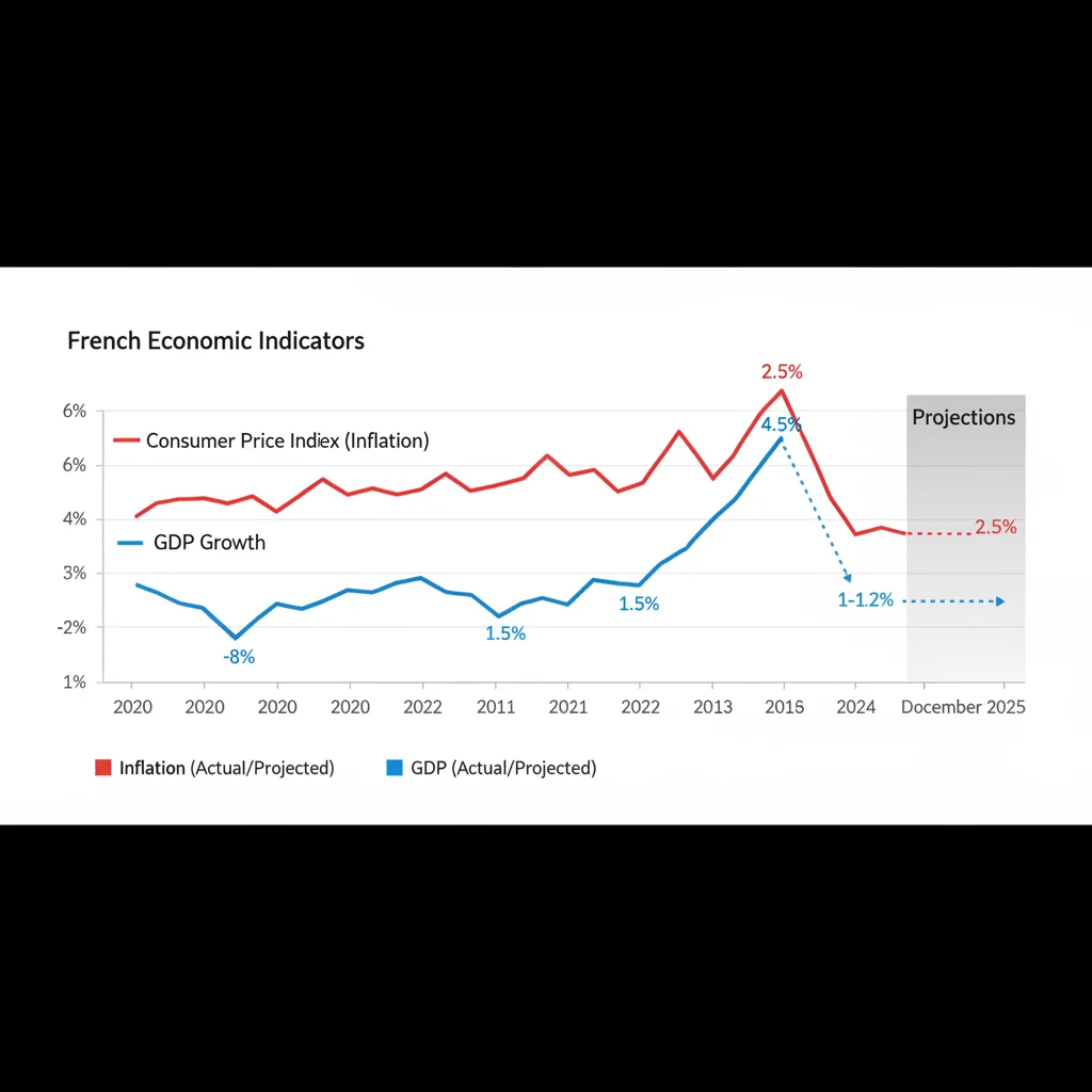 Graphique des indices de prix à la consommation et de la croissance du PIB en France avec prévisions sur 12 mois.