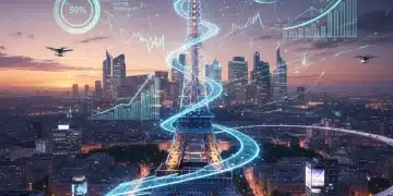 Skyline futuriste de Paris avec la Tour Eiffel, symbolisant l'innovation et la croissance économique des investissements étrangers en France.
