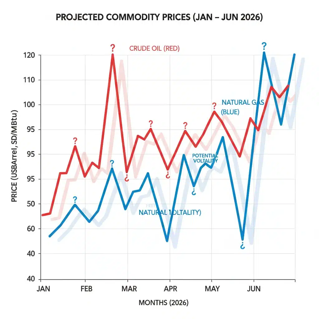 Graphique prévisionnel des prix du pétrole et du gaz naturel pour 2026