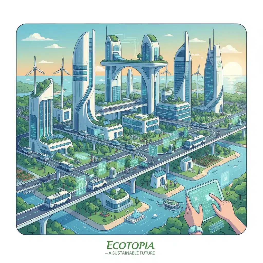 Illustration d'une ville intelligente avec énergies renouvelables et technologies vertes