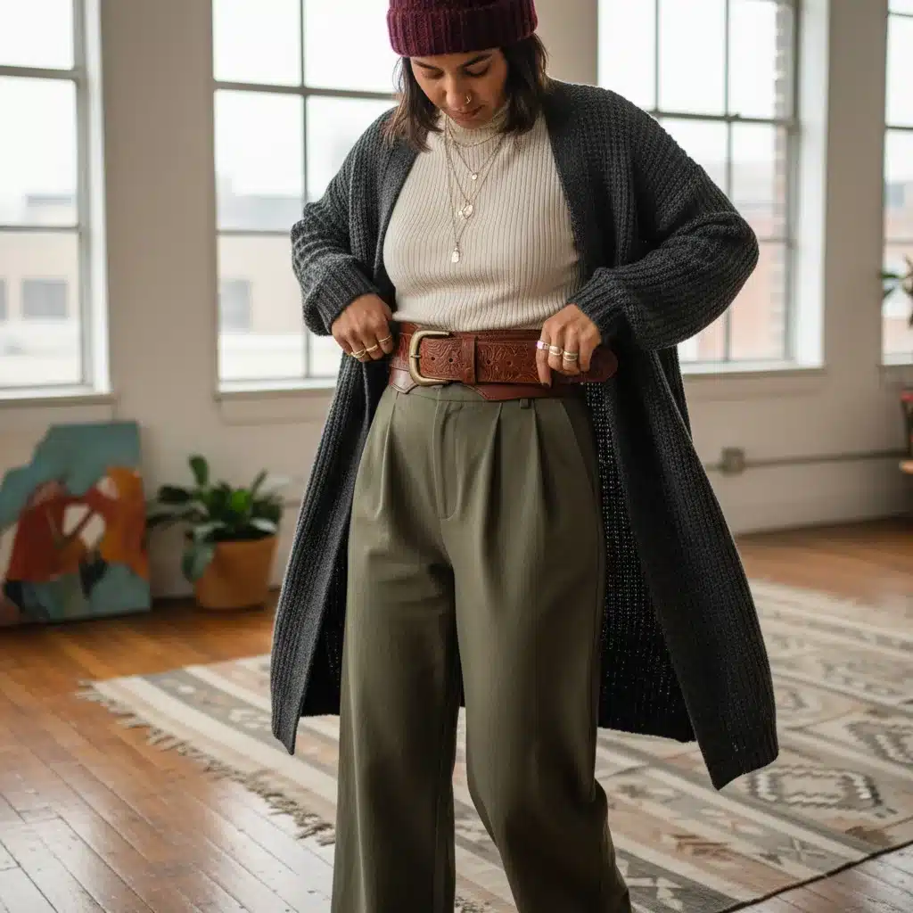 Personne ajustant une ceinture sur une tenue superposée, soulignant la définition de la silhouette par les accessoires.