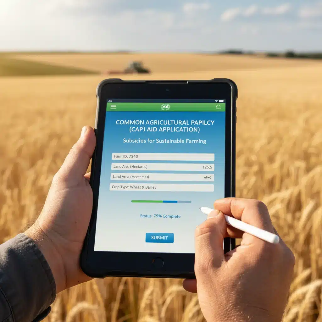 Main d'un agriculteur utilisant une tablette pour les démarches de demande de subventions agricoles de la PAC.