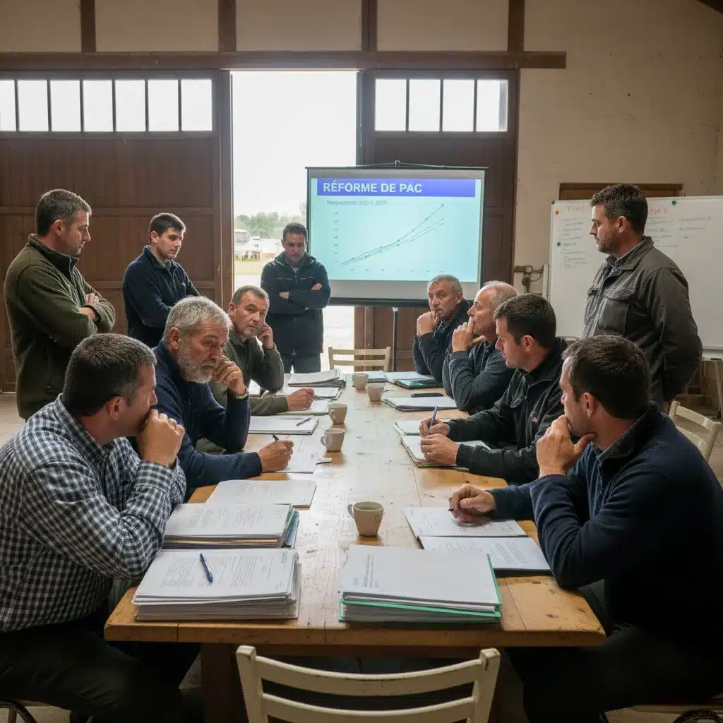 Agriculteurs français en réunion discutant des réformes de la PAC et de leurs impacts sur les aides.