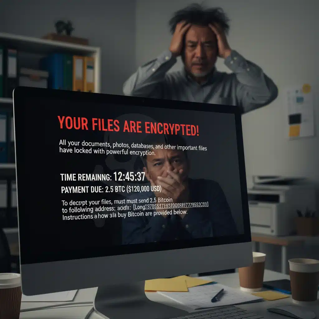 Écran d'ordinateur affichant un message de rançongiciel, symbolisant une attaque de ransomware.