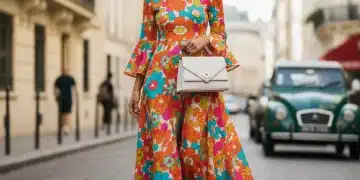 Femme élégante portant une robe à motifs floraux vintage dans les rues de Paris, mélangeant ancien et nouveau style.