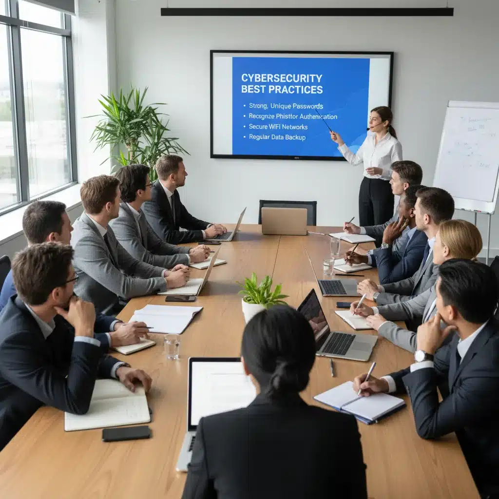 Employés de PME suivant une formation de sensibilisation à la cybersécurité, renforçant la défense humaine.