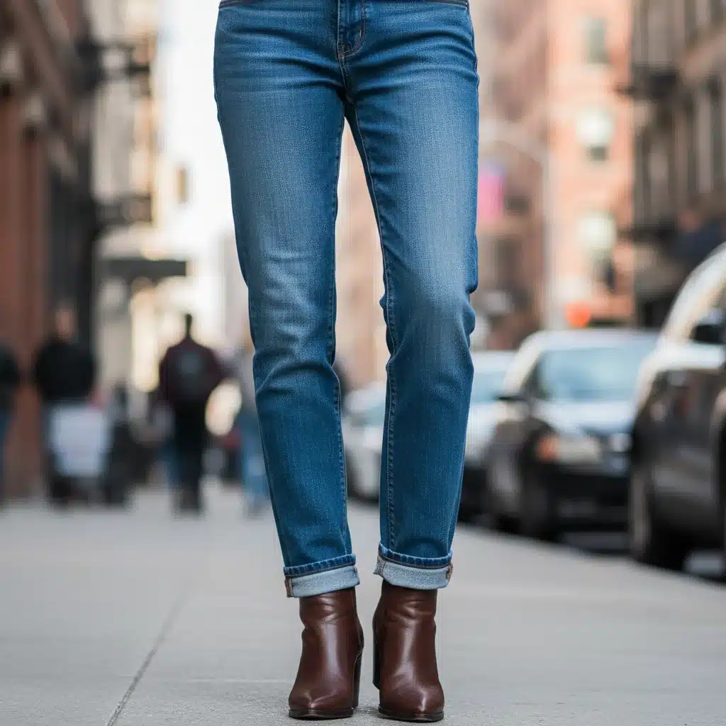Gros plan sur une personne portant un jean droit classique avec des bottines, illustrant l'élégance intemporelle de cette coupe.