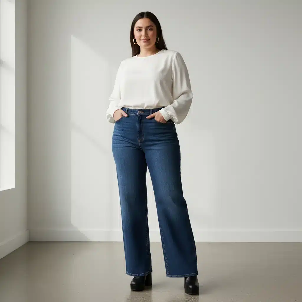 Femme à la silhouette en sablier portant un jean large taille haute, mettant en valeur ses courbes avec élégance.