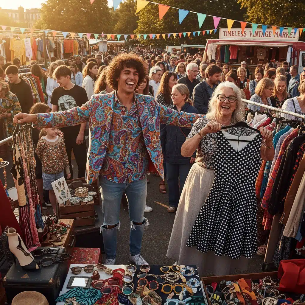 Personnes explorant un marché vintage, découvrant des vêtements à imprimés rétro variés et colorés.
