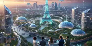 Skyline de Paris futuriste avec des symboles d'innovation, d'énergie verte et de santé, illustrant l'investissement en France 2026.