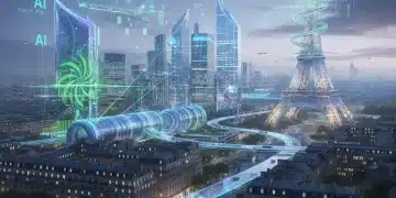 Paysage urbain futuriste de Paris avec des éléments d'innovation technologique