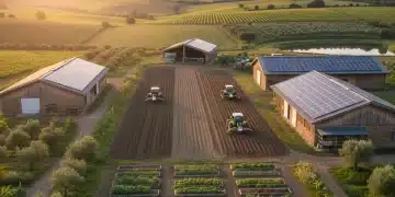 Paysage agricole français avec des champs cultivés et des équipements modernes symbolisant les subventions de la PAC.