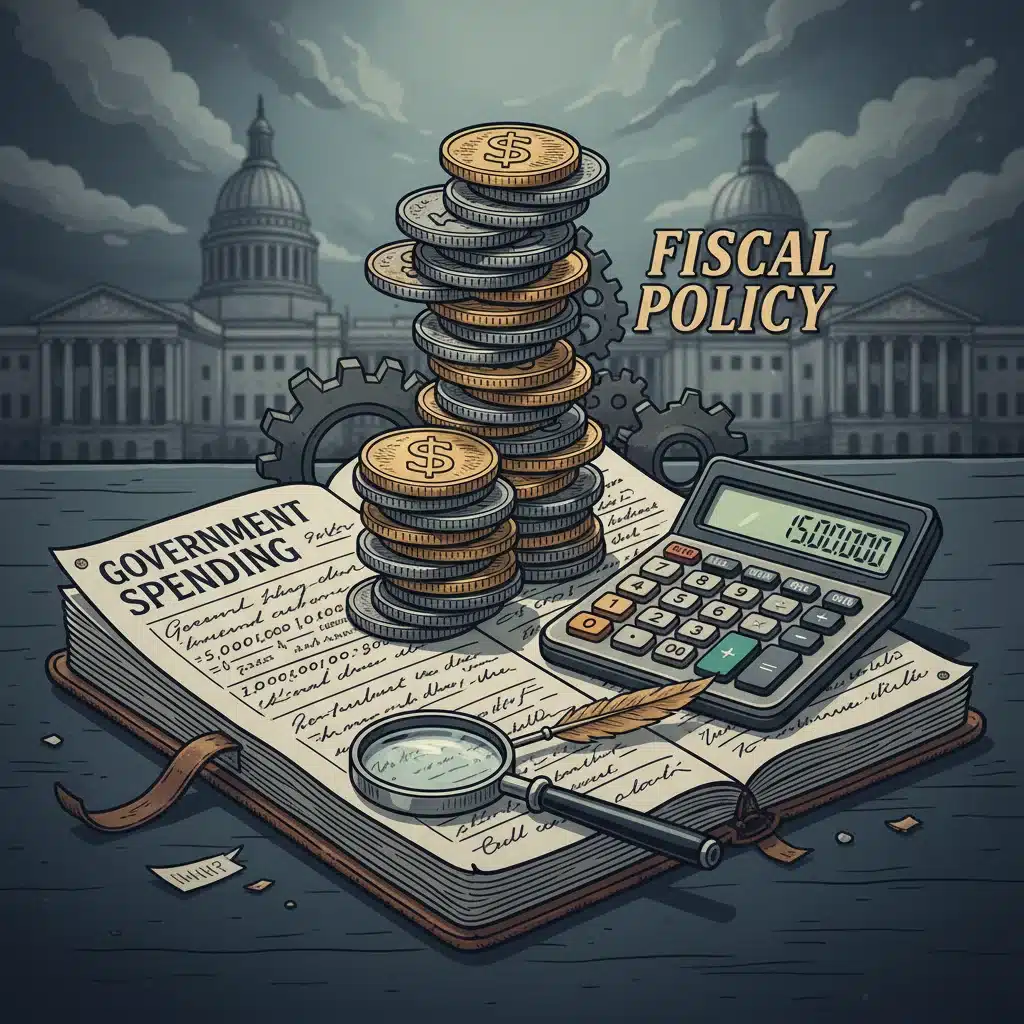 Illustration conceptuelle de la politique budgétaire et des dépenses gouvernementales en France.