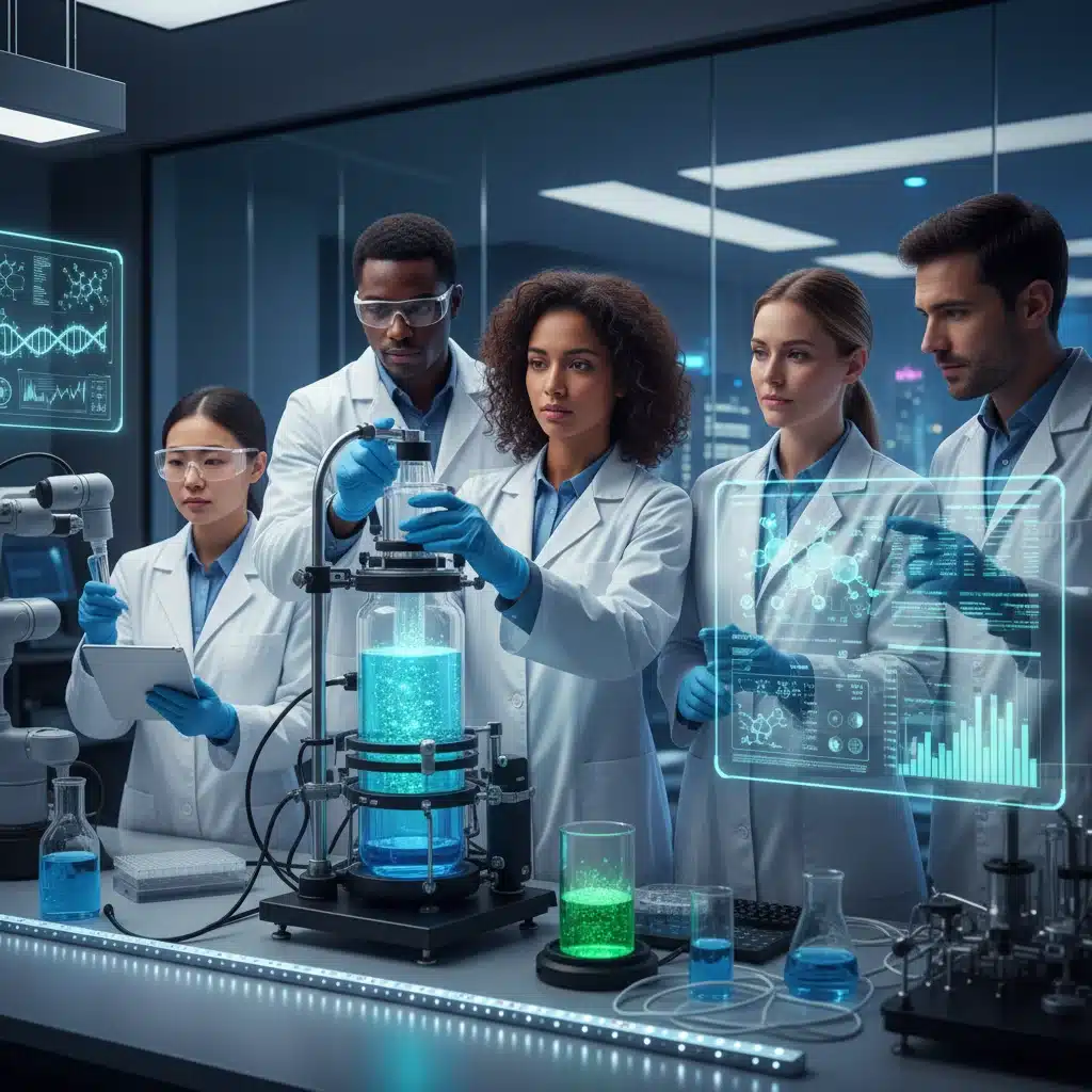Chercheurs travaillant dans un laboratoire de biotechnologie avancé, symbolisant l'innovation en santé.