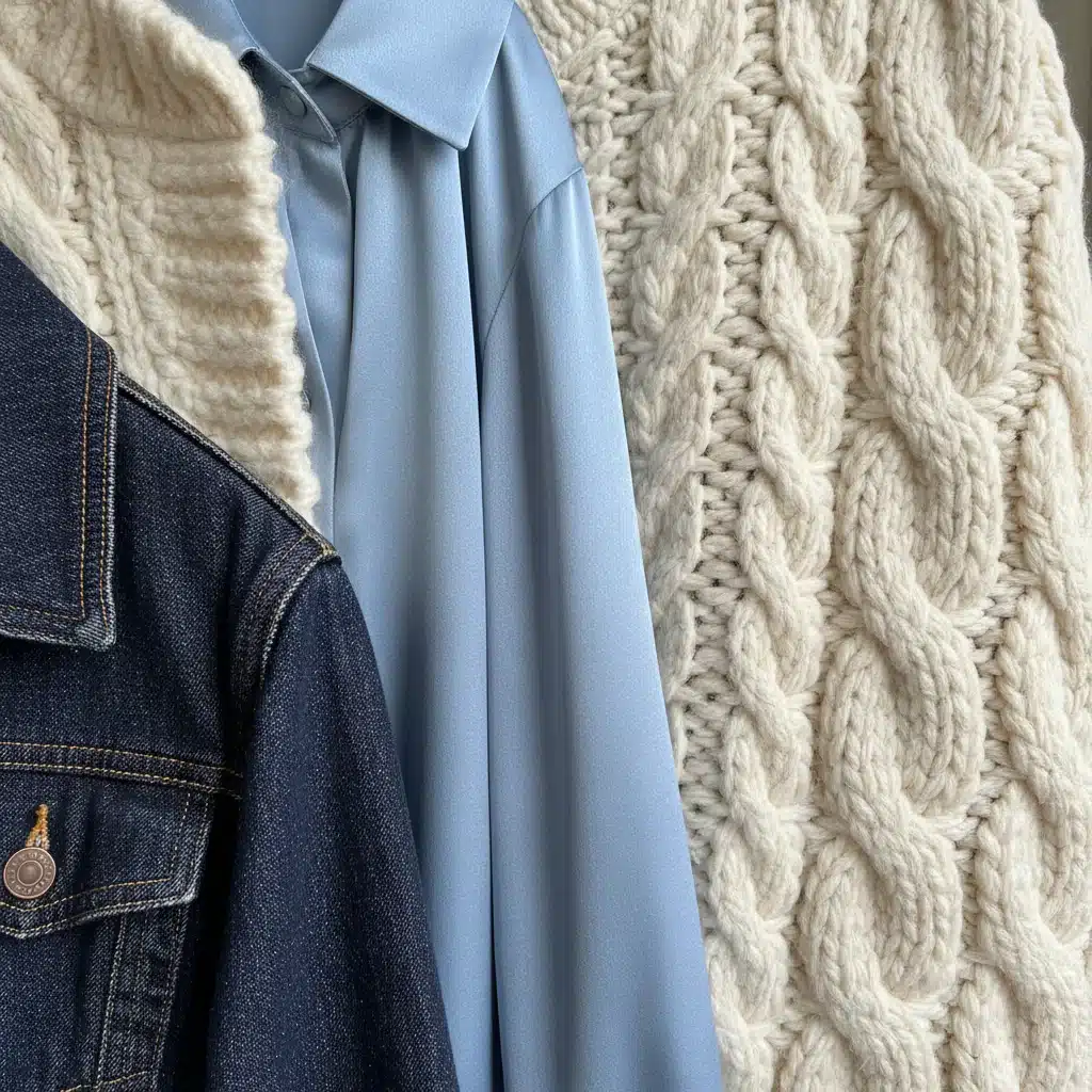 Gros plan de textures de tissus superposés : maille, soie, denim, illustrant l'harmonie des matériaux.