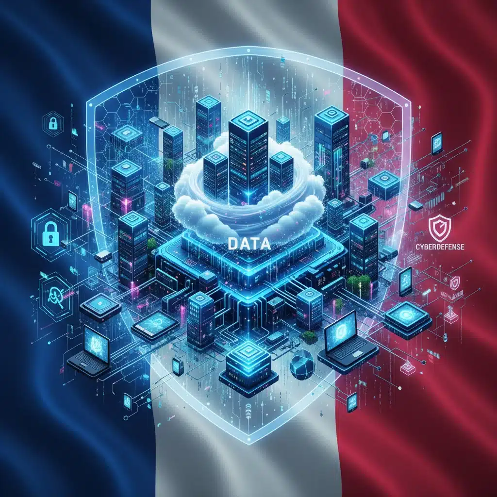 Réseau numérique complexe et flux de données, illustrant la transformation digitale et la cybersécurité en France.